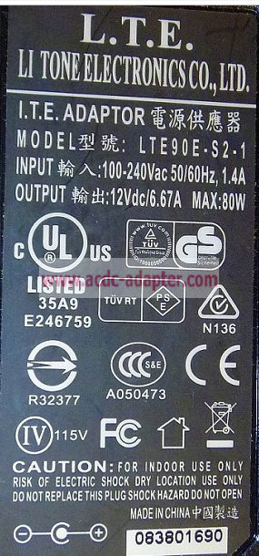 12V DC 6.67A LaCie 800052 LTE Li Tone Electronics LTE90E-S2-1 AC Adapter Power